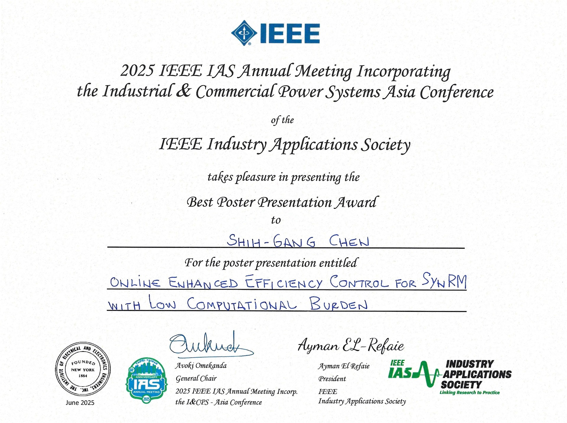 Best Poster Presentation Award (3 winners selected from 60 poster presenters)